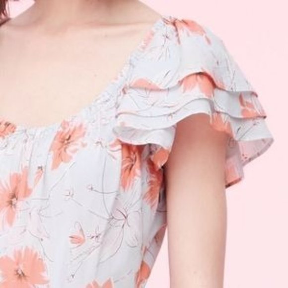 Rebecca Taylor La Vie Louise Floral Ruffle Midi Dress in Soft Blue/Peach Small - Picture 3 of 11